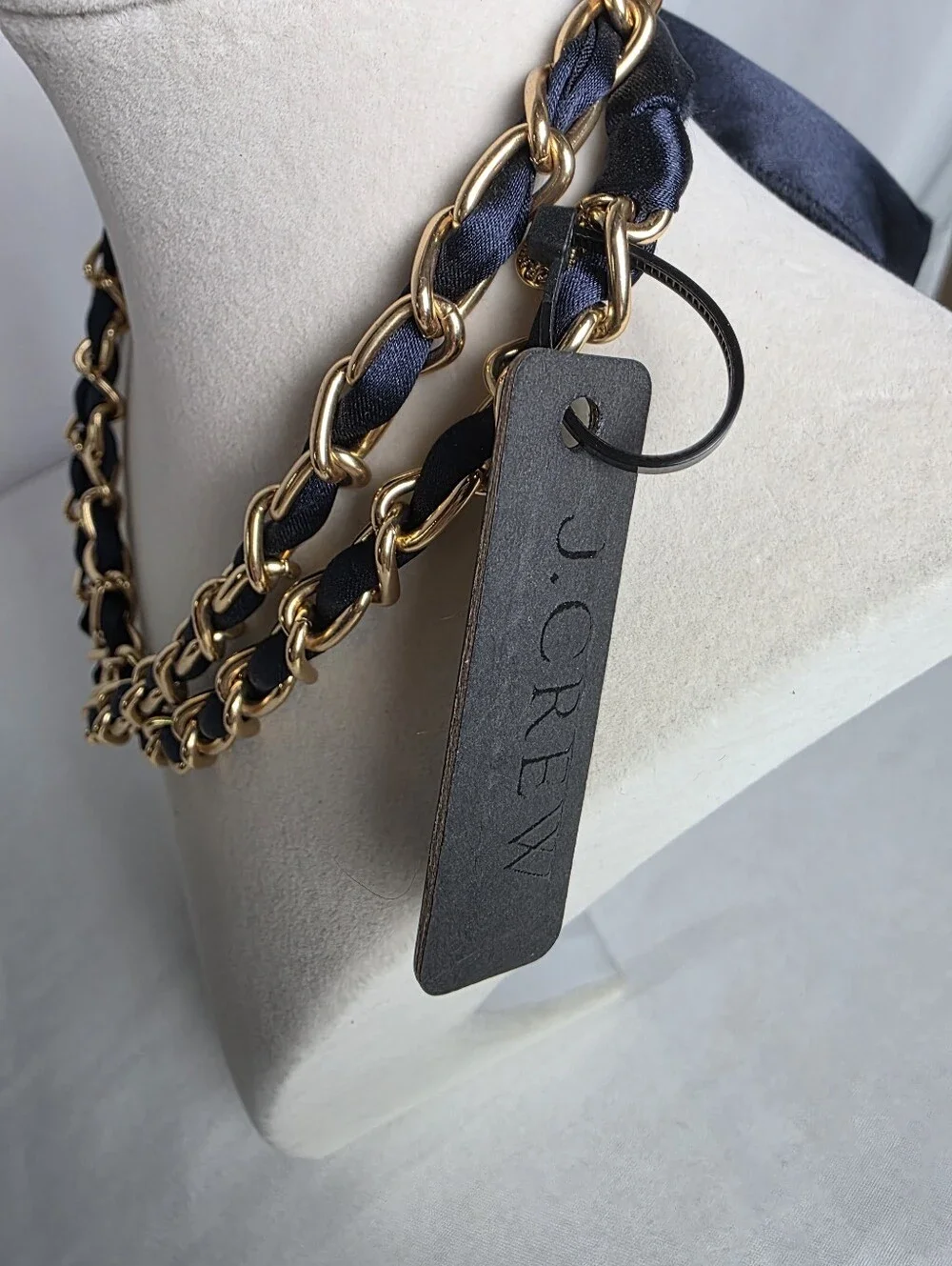 J.Crew New Long Gold Tone Chain Midnight Blue Ribbon Necklace